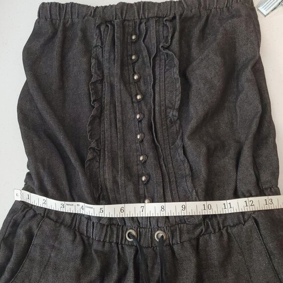 579 Small Strapless black Denim Jumpsuit Lightweight Faux Buttons Jogger Pullon - Picture 9 of 11